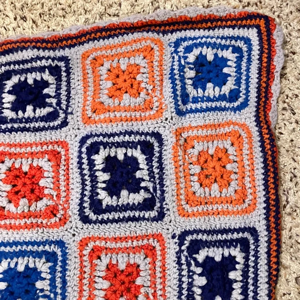 Vintage‎ Handmade Crochet Granny Square Afghan Blanket Orange Grey Blue 55x65